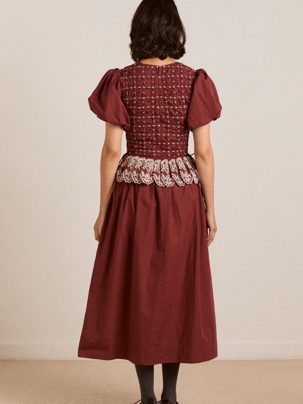 NWT Damson Madder Audrey Midi Dress - Burg/Butter Stitching - Picture 2 of 15
